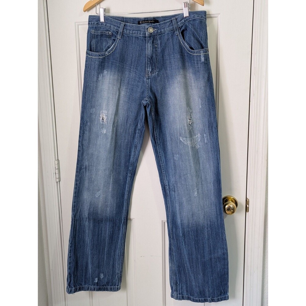 CARBON BLACK Jeans Mens 33x32 Distressed Zip Medium Denim Wash Y2K
